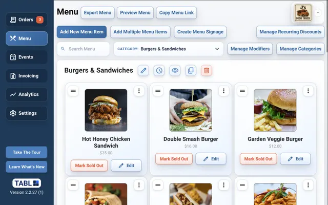 TABL food truck POS menu management screen thumbnail