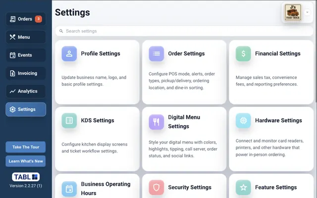 TABL food truck POS settings screen thumbnail